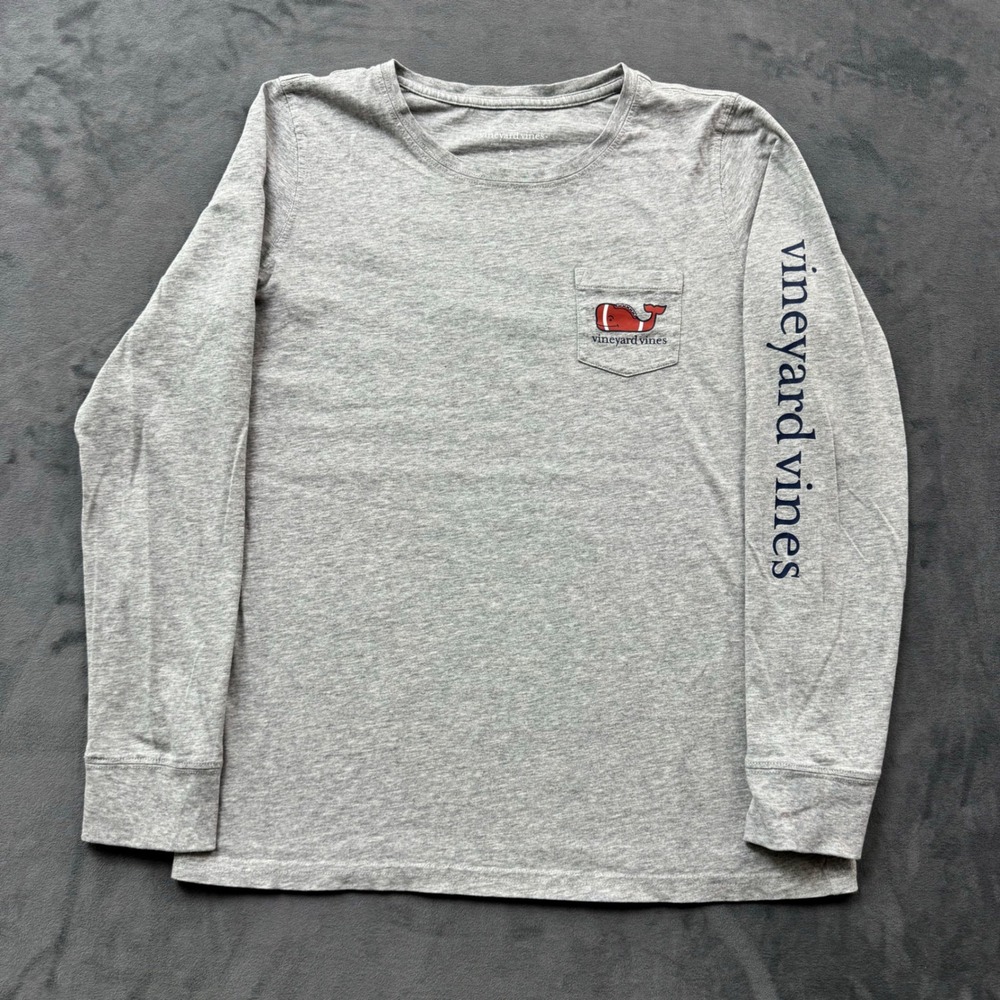 Vineyard Vines Mens Small Grey Long Sleeve Football Whale Pocket T-Shirt Cotton